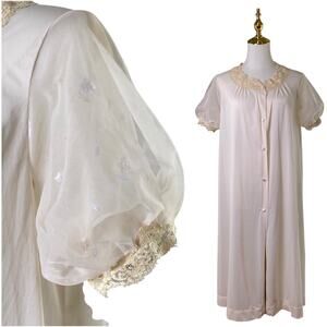 Vintage 50s Charmode Sears Cream Nylon Lacy Flowers Granny Housecoat Robe Size M